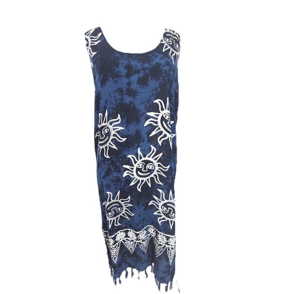 Women's Navy Blue Batik Tie Dye Fringe Sun Sleeveless Beach Cover Dress Size S